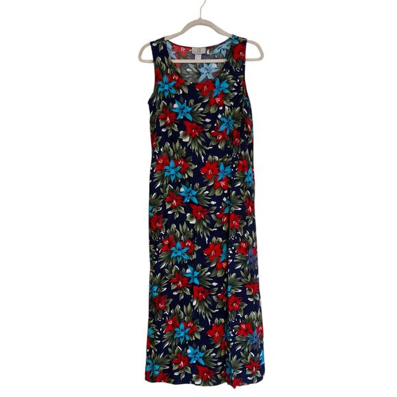 Vintage 80s Blue Red Hawaiian Floral Flowing Rayon Sheath Sundress Size Medium - Picture 1 of 15